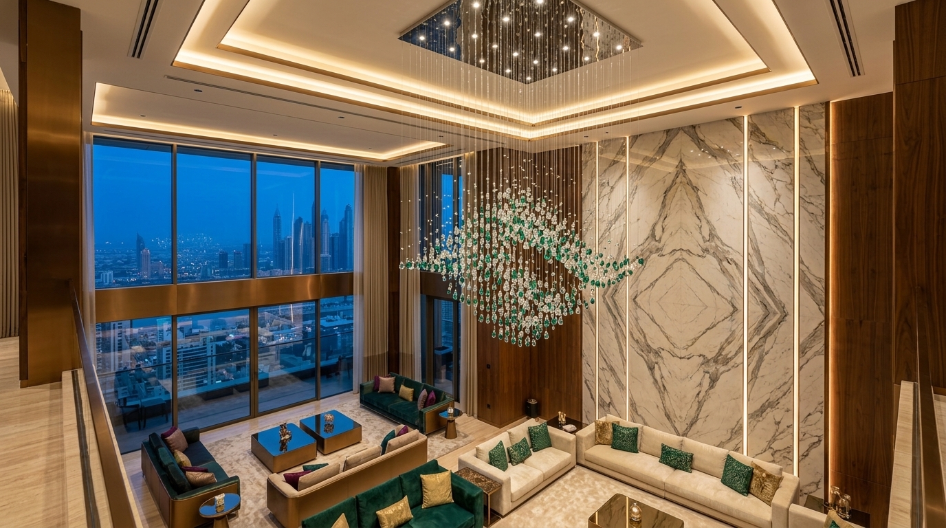 Emerald green and clear diamond crystal raindrop waterfall chandelier over marble wall